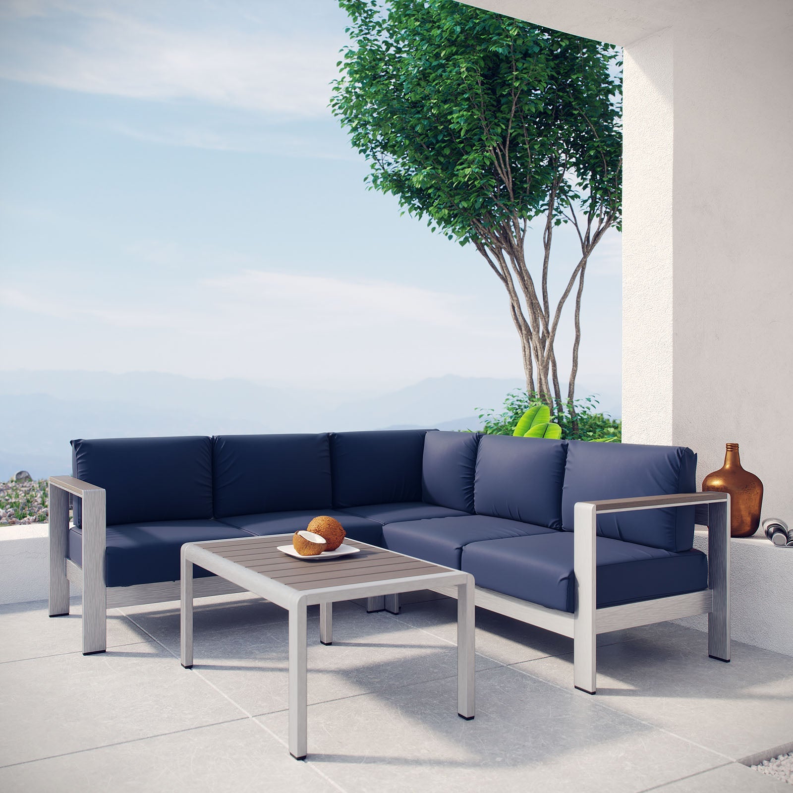 Shore 4 Piece Outdoor Patio Aluminum Sectional Sofa Set - Navy