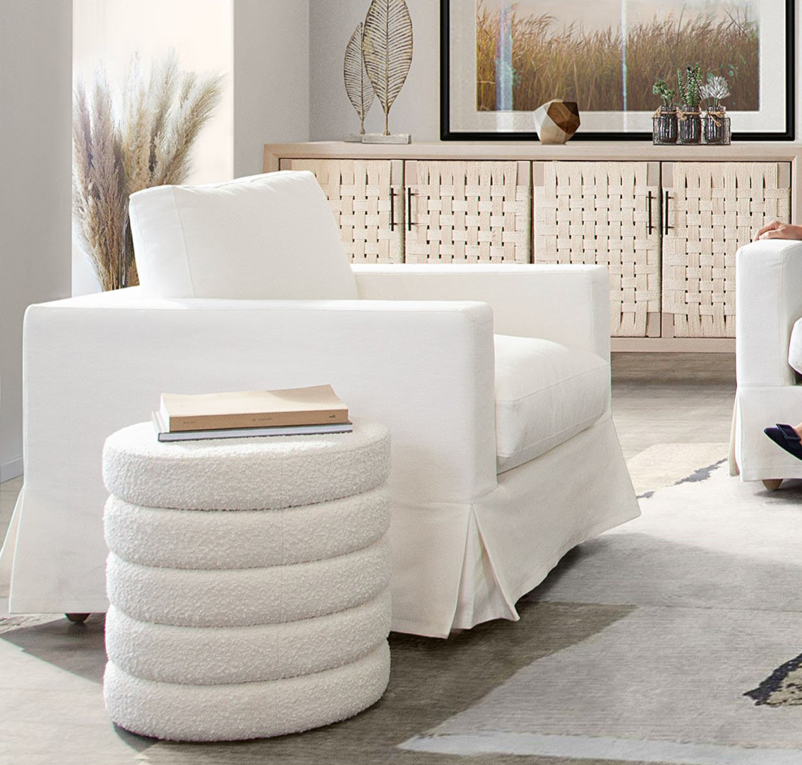 Helix Round Ottoman In Ivory Boucle