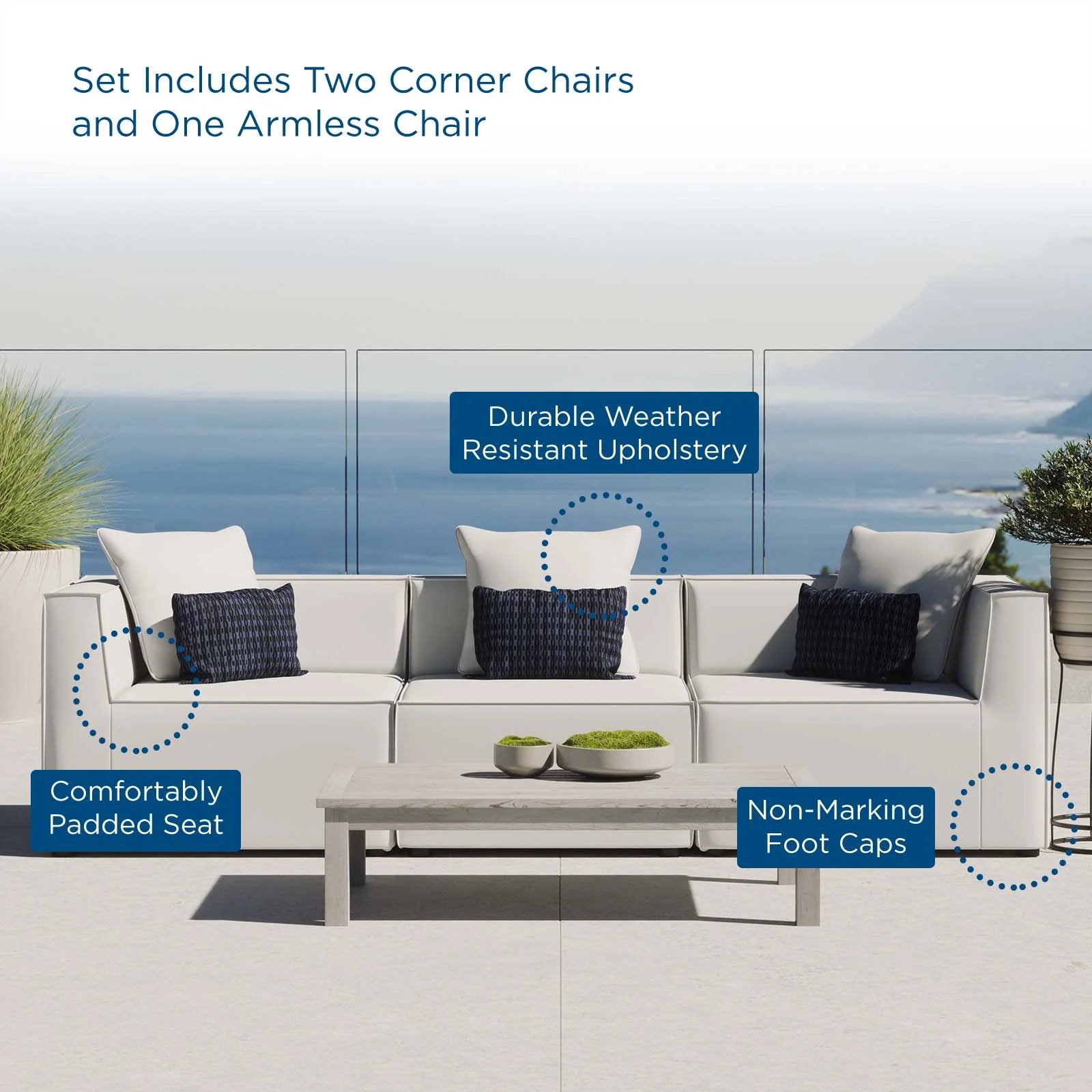 Luna Outdoor 3 Piece Modular Patio Sectional - White