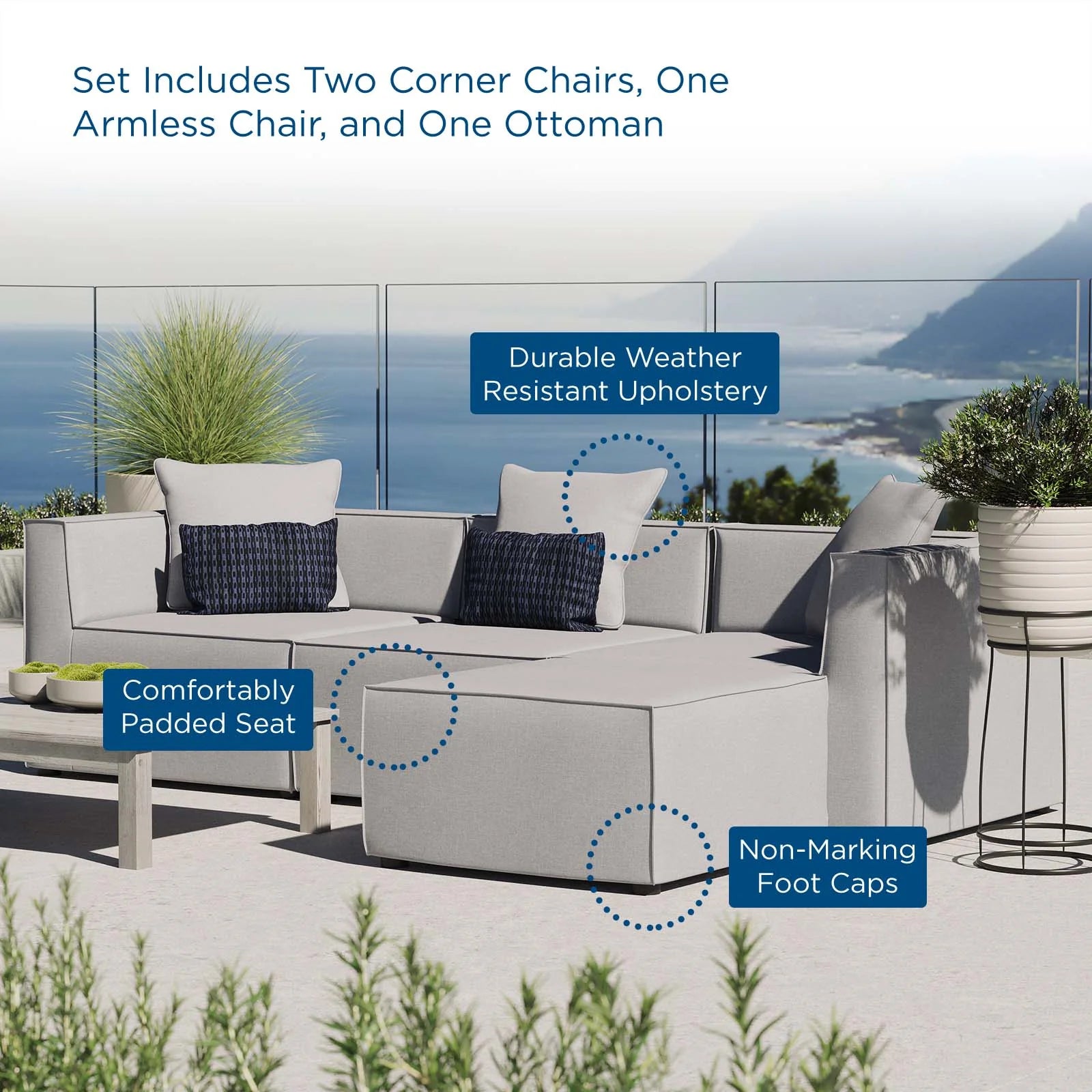 Luna Outdoor 4 Piece Modular Patio Sectional - Gray