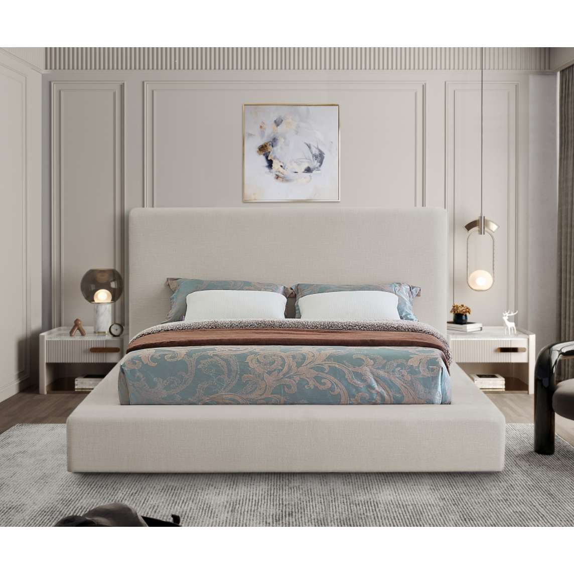 Devin Linen Textured Fabric Bed - Beige