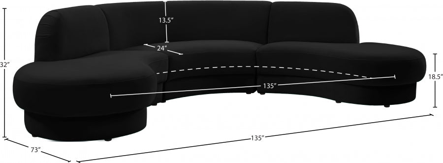 Rosa Velvet 3 Piece Sectional - Black