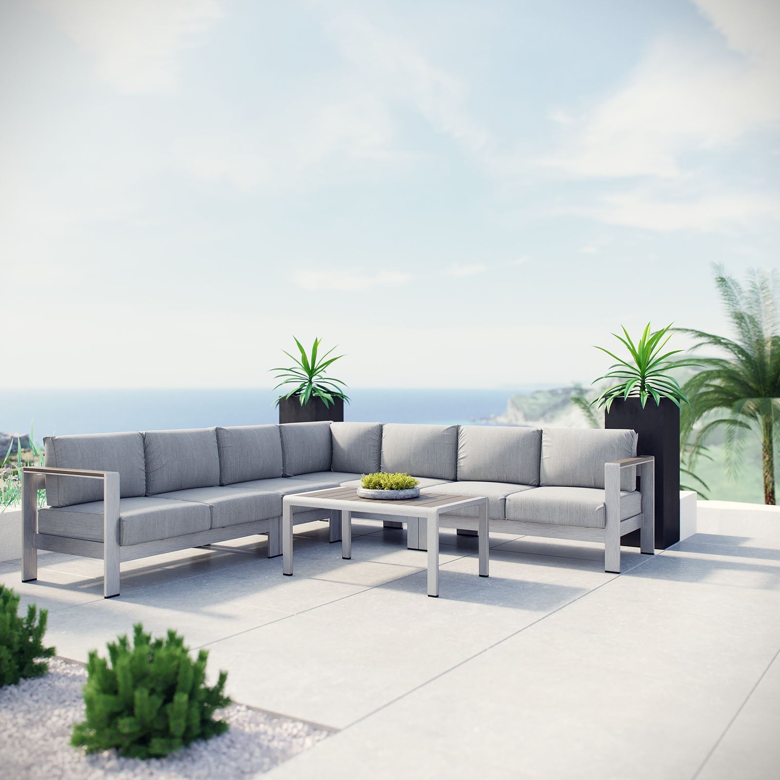 Shore 6 Piece Outdoor Patio Aluminum Sectional Sofa Set - Gray