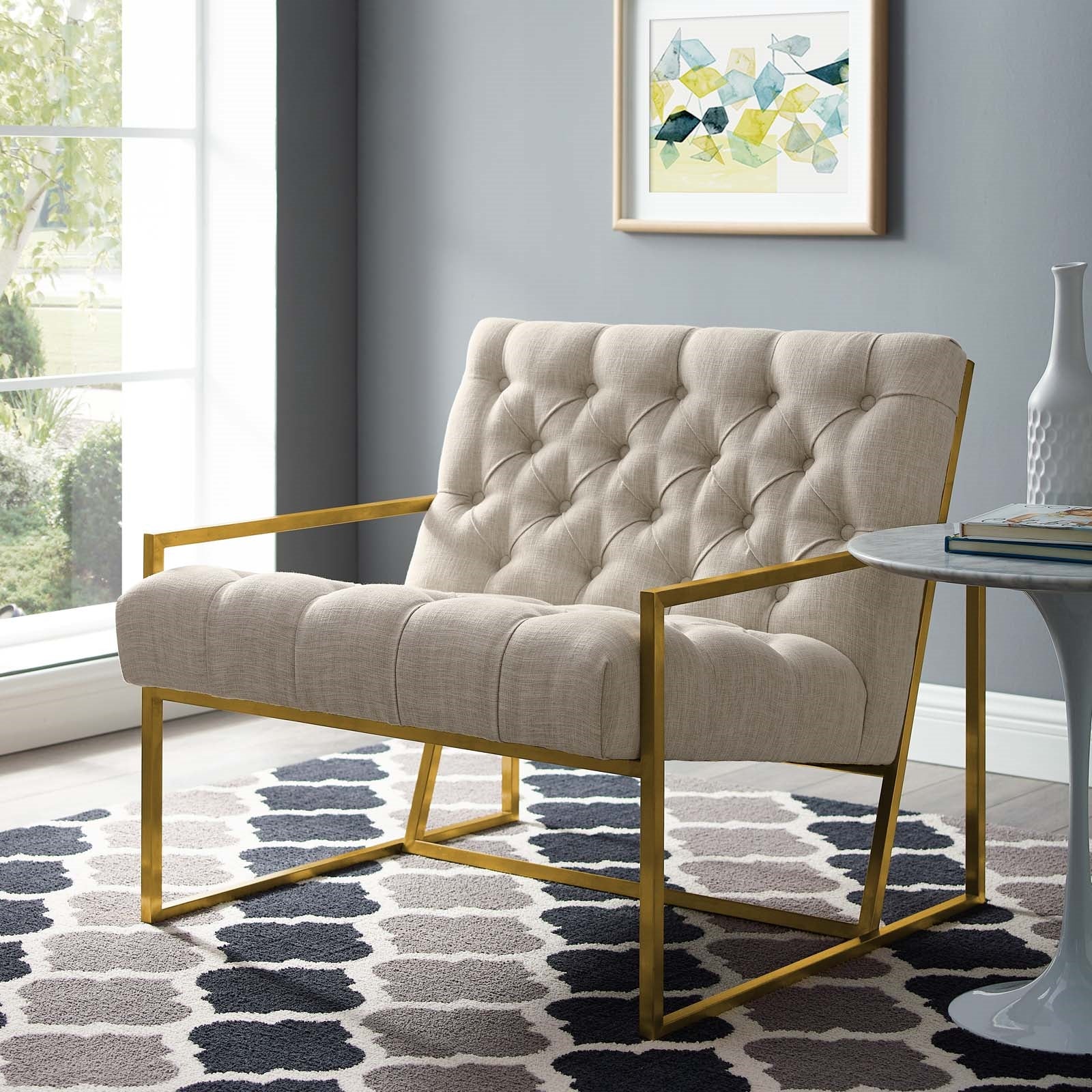 Bequest Gold Stainless Steel Upholstered Fabric Chair - Beige