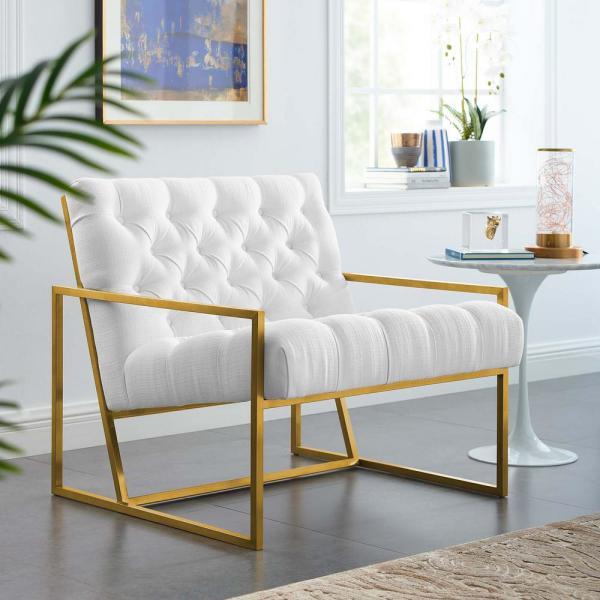 Bequest Gold Stainless Steel Upholstered Fabric Chair - White